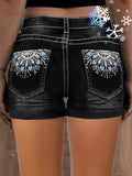 Women's High Waist Stretchy Denim Shorts, Blue Slim Fit with Rolled Cuff and Embroidery, Summer Vintage Style Jean Shorts