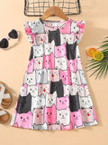 Adorable Cartoon Cat Sleeveless Tunic Dress for Girls - Soft Polyester Knit Fabric, Geometric Pattern, Regular Fit, Slight Stretch, Perfect for Summer Holidays