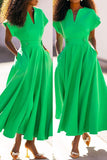 namcoverse Solid Color V Neck Stylish Swing Midi Dress