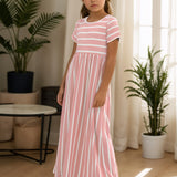 Girls Striped Maxi Dress - Short Sleeve, Loose & Comfortable - Versatile Casual Style for Everyday Wear