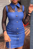 namcoverse Hit Color Mesh Patchwork Urban Bodycon Denim Mini Dress
