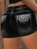 Women's High Waist Stretchy Denim Shorts, Blue Slim Fit with Rolled Cuff and Embroidery, Summer Vintage Style Jean Shorts