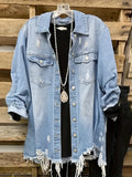 Women's Edgy Distressed Denim Jacket with Ripped Holes and Flap Pockets - Raw Hem Long Sleeves - Trendy Outerwear for Casual Wear