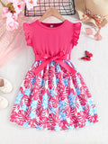 Adorable Girls Floral Print Dress with Ruffled Hem and Adjustable Bow Belt - Perfect for Summer Parties and Special Occasions as a Delightful Gift