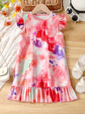 Girls' Summer Elegance: Flutter Sleeve Solid Color Dress - Ruffle Hem, Perfect for Holiday & Party Celebrations