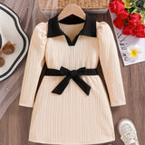 Girls Contrast Lapel Long Sleeve Casual Dress With Belt, Spring & Fall Vacation Party Casual A-line Dresses, Gift