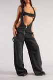 namcoverse Solid Color Chic Wide Leg Suspenders Jeans