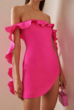 namcoverse Solid Color Glamorous Off Shoulder Ruffle Ribbons Mini Dress