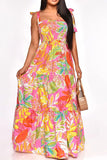 namcoverse Leaf Print Strap Shirred Undeniable Tiered Ruffle Maxi Dress