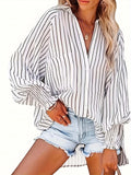 Plus Size Striped Print Lantern Sleeve Lapel Collar Tunic Shirt - Soft Slight Stretch Fabric, Semi-Sheer, Pocket Detail, Casual Style for Spring and Fall - Polyester Woven Shirting with Random Printing