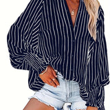 Plus Size Striped Print Lantern Sleeve Lapel Collar Tunic Shirt - Soft Slight Stretch Fabric, Semi-Sheer, Pocket Detail, Casual Style for Spring and Fall - Polyester Woven Shirting with Random Printing