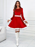 1pc Festive Christmas Dress for Women, Polyester Red Santa Costume with Faux Fur Trim and Belt Detail, Casual Round Neck Long Sleeve Holiday Party Outfit