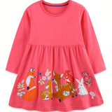 Pure Cotton Girl's Animal Pattern Long-Sleeve Dress, Spring & Summer Casual A-line Dresses, Gift