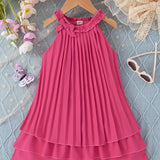 Charming Girls Sleeveless Pleated Halter Dress with Bow Accent - Lightweight Summer Swing Midi for Stylish Outings