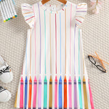 Summer Chic Girls' Crayon-Striped Dress - Knee-High Fit & Flare with Comfort Stretch, Flying Sleeves for School & Play