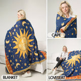 1pc Celestial Moon and Sun Throw Blanket - Soft and Stylish Sofa Cover for Hippie Room Decor - Cotton Woven Blanket for Bed and Couch - Yellow and Blue Design Ramadan