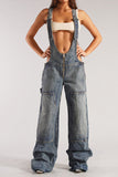 namcoverse Solid Color Chic Wide Leg Suspenders Jeans