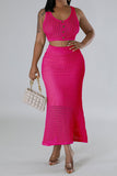 namcoverse Solid Color Crochet Cutout Beachy Fishtail Skirt Suit