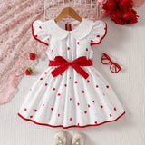 Adorable Girls Strawberry Pattern Sleeveless Doll Collar Ruffle Hem Dress with Belt - Casual Summer Outfit for Machine Washable Woven Fabric - Easy Care and Regular Fit