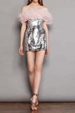 namcoverse Feather Trim Off Shoulder Pretty Sequined Mini Dress