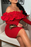 namcoverse Solid Color Ruffles Off Shoulder Romantic Bodycon Mini Dress