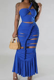 namcoverse Solid Color One Shoulder Flattering Cutout Ruched Fishtail Maxi Dress