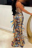 namcoverse Floral Print Sequined Hot Feather Trim High Split Maxi Dress