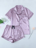 Womens Solid Satin Pajamas Set - Luxurious Short Sleeve Button Top & Bow Shorts - Soft Sleepwear & Loungewear for Stylish Nighttime Elegance, Summer Ready