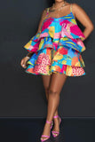 namcoverse Leaf Print Colorful Tiered Ruffle Mini Dress