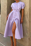 namcoverse Solid Color Puff Sleeve Girly A-Line Midi Dress