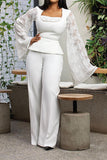 namcoverse Solid Color Lace Patchwork Glamorous Peplum Pant Suit