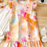 Girls' Summer Elegance: Flutter Sleeve Solid Color Dress - Ruffle Hem, Perfect for Holiday & Party Celebrations