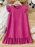 Girls' Summer Elegance: Flutter Sleeve Solid Color Dress - Ruffle Hem, Perfect for Holiday & Party Celebrations