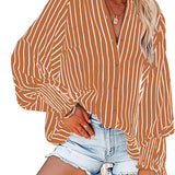 Plus Size Striped Print Lantern Sleeve Lapel Collar Tunic Shirt - Soft Slight Stretch Fabric, Semi-Sheer, Pocket Detail, Casual Style for Spring and Fall - Polyester Woven Shirting with Random Printing