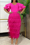 namcoverse Rose Red Ruffle Sleeve Cute Tiered Tassel Midi Dress