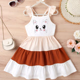 Adorable Cartoon Kitty Girls Summer Dress - Cute Ruffles, Contrast Stitching & Easy-Care Knit Fabric