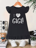 Cotton Girls Summer Cartoon Dress - Adorable Ruffle Sleeve, Loose Fit, Machine Washable, Knit Fabric, Versatile Round Neck, Cute I Love My GIGI Print - Perfect for Casual Outings