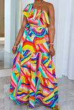 namcoverse Rainbow Striped Sweet Lace-Up Tiered Ruffle Maxi Dress