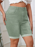 Plus Size Womens High Stretch Solid Green Bermuda Denim Shorts - Roll Up Hem, Slash Pockets, Comfortable and Breathable for Spring/Summer - Casual Wear for Outdoor Activities