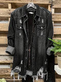 Women's Edgy Distressed Denim Jacket with Ripped Holes and Flap Pockets - Raw Hem Long Sleeves - Trendy Outerwear for Casual Wear