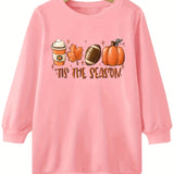 TIS THE SEASON Print Pumpkin Graphic Crew Neck Dress Girls Comfy Dresses For Autumn