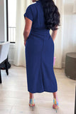 namcoverse Solid Color Single Breasted On-trend Tie Front Ruched Denim Midi Dress