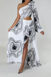 namcoverse 3D Flower Decor Ripple Print Modern Asymmetric Maxi Dress