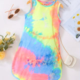 Toddler Girls Rainbow Tie Dye Slit Hem Tank Dress - Versatile for Party & Beach Vacations - Adorable Summer Clothes