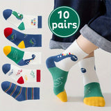 10 Pairs Of Boy's Adorable Cartoon Dinosaur Pattern Crew Socks, Comfy Breathable Casual Soft Socks For Kids Outdoor Activities