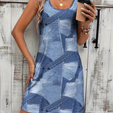 Stylish Faux Denim Patchwork Print Sleeveless Round Neck Retro Style Dress For Women