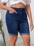 Plus Size Womens High Stretch Solid Green Bermuda Denim Shorts - Roll Up Hem, Slash Pockets, Comfortable and Breathable for Spring/Summer - Casual Wear for Outdoor Activities