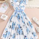 Chic Summer Floral Fit & Flare Girls' Dress with Belt – Easy-Care Polyester, Perfect for Playdates & Outings