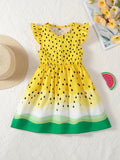 Girls Sweet Watermelon Print Ruffle Sleeve A-line Dress - Playful Vacation Casual Wear, Perfect Summer Gift for Little Fashionistas