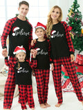 "Believe" Letter Print Black Top And Black And Red Plaid Pants Family Matching Pjs Set, for Outdoor